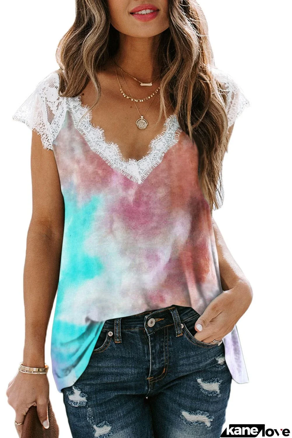Lace Splicing V Neck Short Sleeve Tie-dye Top