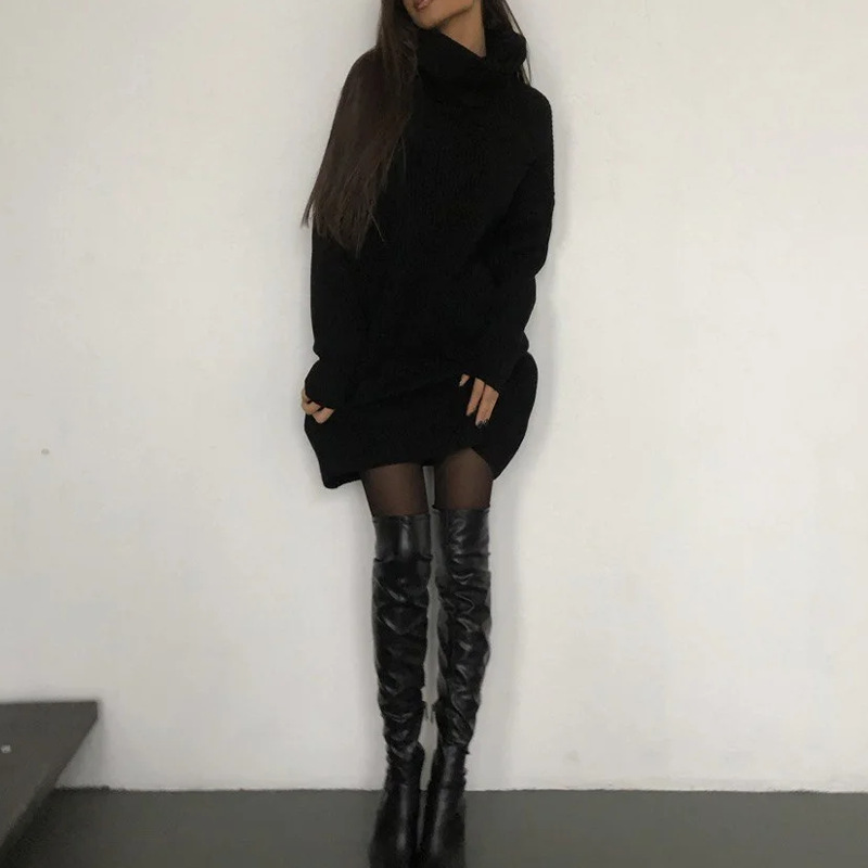 long sweater dress outfit 2024 Autumn Comfortable Fashion Turtleneck Solid Color Slim Knit Dress