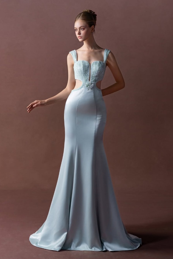 Ovlias Baby Blue Queen Anna Prom Dress Mermaid Backless with Beaded JQ0064