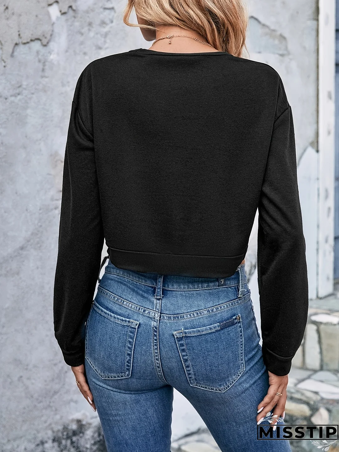 Women's Solid Crop Sweatshirt, Long Sleeve Crew Neck Pullover Sweatshirt, Casual Tops For Fall & Winter, Women's Clothing