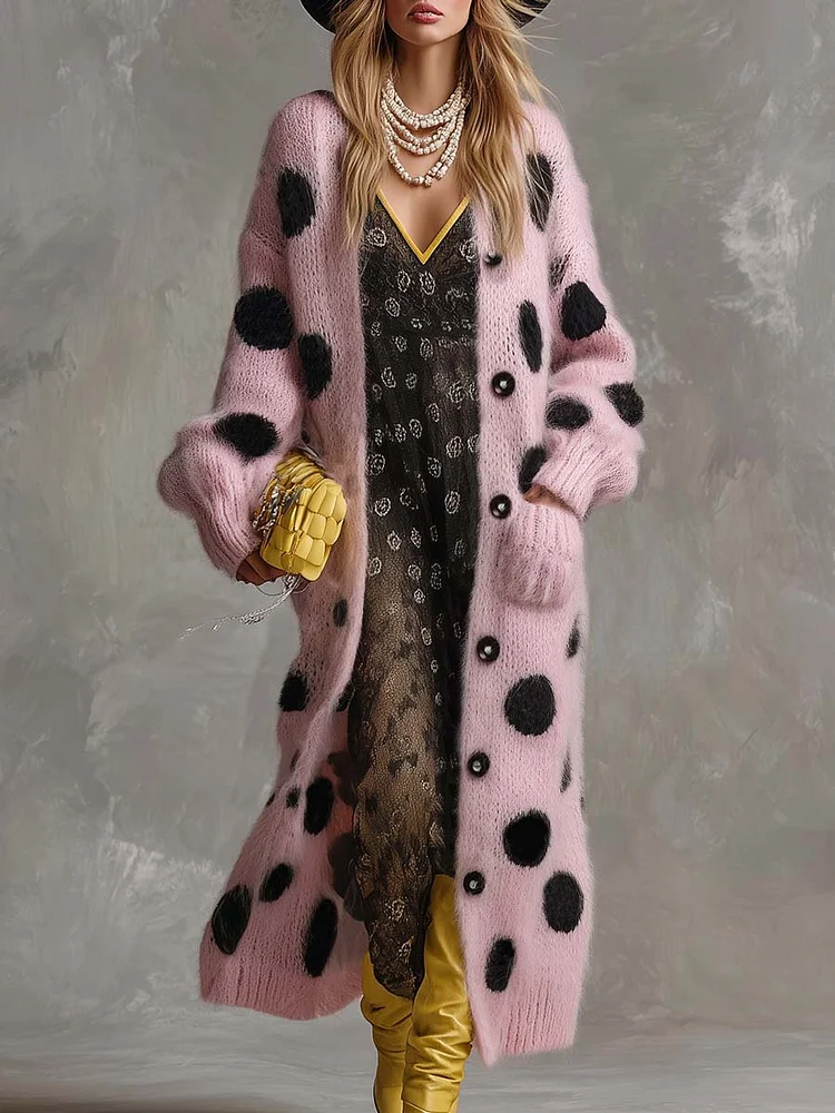 【24-hour shipping out】Vintage Fashion Lazy Front Button Black Polka Dot Pink Imitation Rabbit Fur Knitted Long-sleeved Cardigan