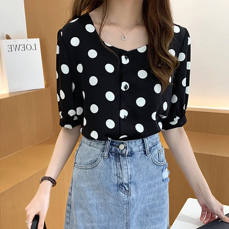 QOERLIN M-4XL Summer New Style Retro Polka Dot Chiffon Shirt Women Short Sleeve Single Breasted White Black Shirt Femme Big Size