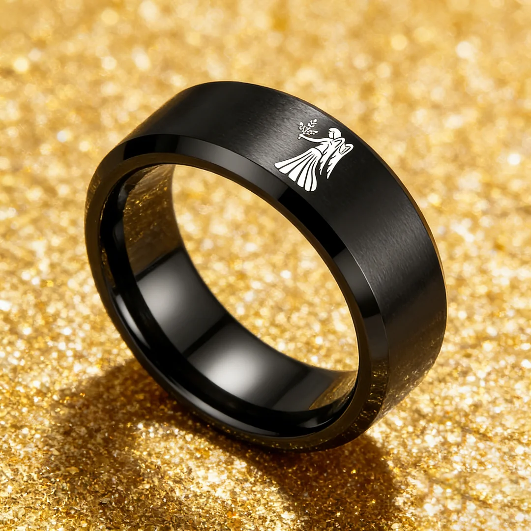 Beveled Edges Black Laser Etched Tungsten Carbide Rings Black Virgo Couple Wedding Band 4MM 6MM 8MM Width