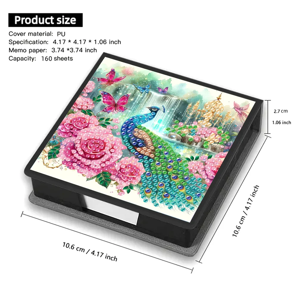 DIY Flower Peacock Leather Diamond Art Note Box with 160 Sheets of Paper for Beginners