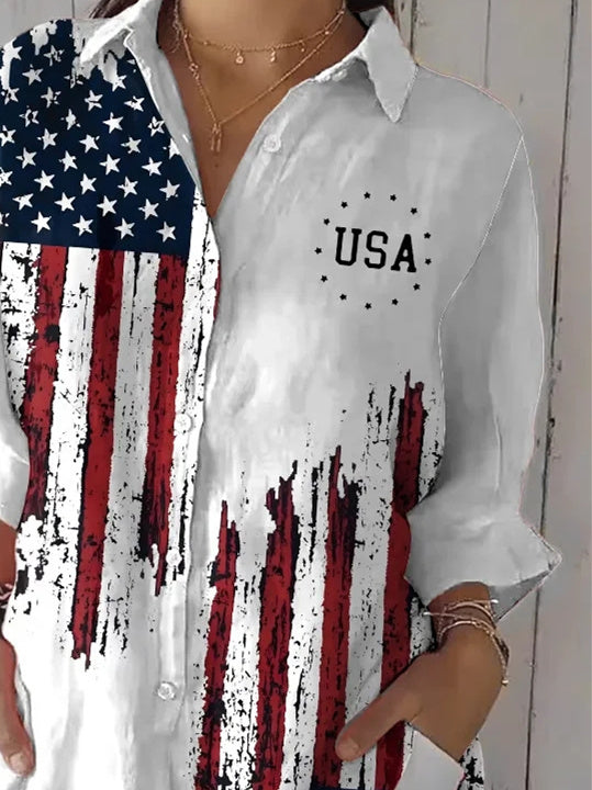 Women 3/4 Sleeve Shirt Collar National Flag Printed Graphic Button Tops