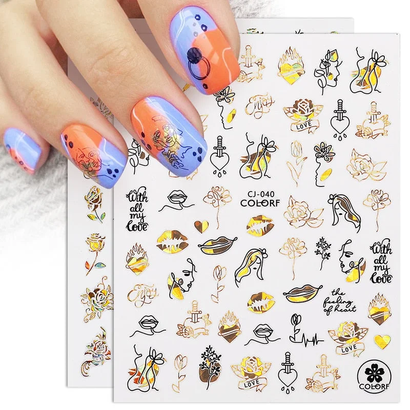 Hearts Love 3D Nail Sticker Laser Gold Rose Flower Snowflake Cartoon Line People Slider Design Polish Nail Decals Nail Art Decor-Nail Inspo