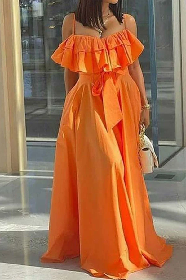 Solid Color Ruffle Stunning Lace-Up Maxi Dress