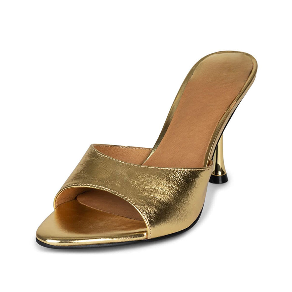 Dull Gold Metallic Round Toe 3'' Flared Heel Wide Band Mules Nicepairs