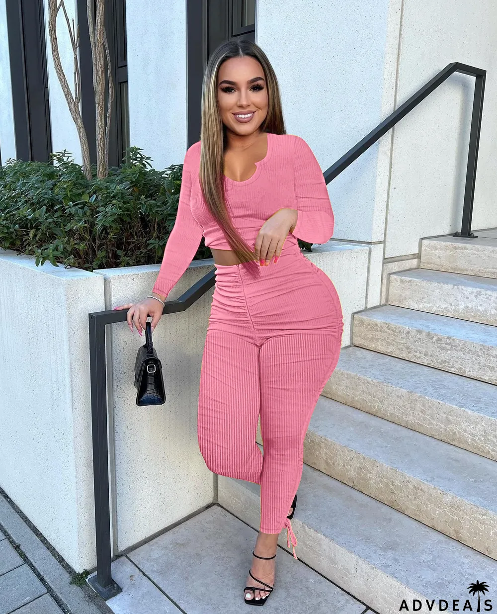 Solid Long Sleeve Stacked Pants 2 Piece Sets