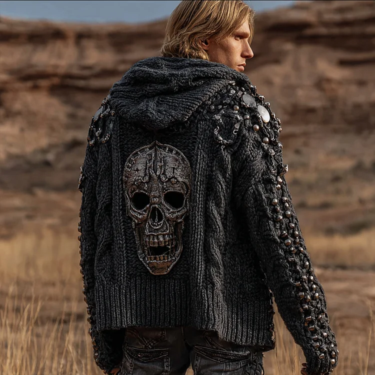 Men's Vintage Skull-head Black Washed Long-sleeved Hooded Sweater