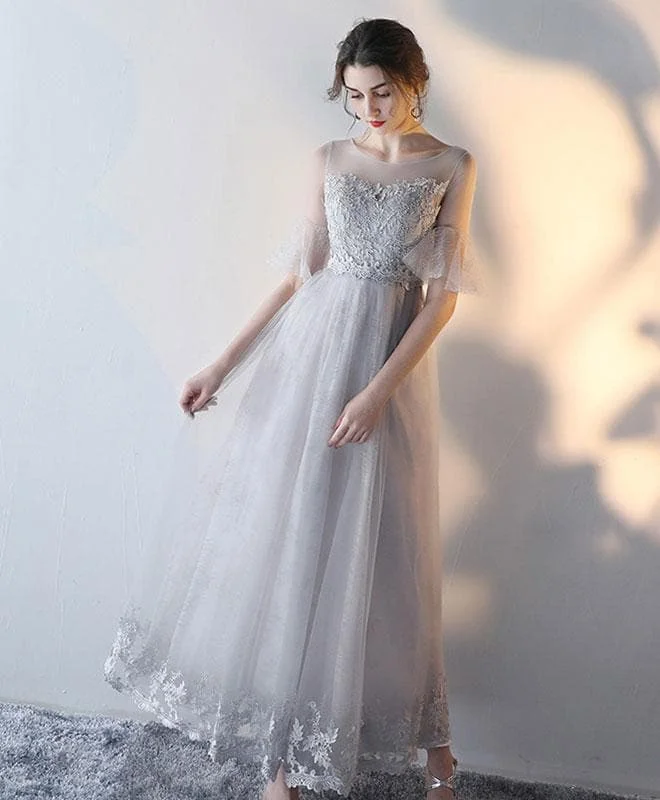 Gray Tulle Lace Prom Dress, Gray Evening Dress