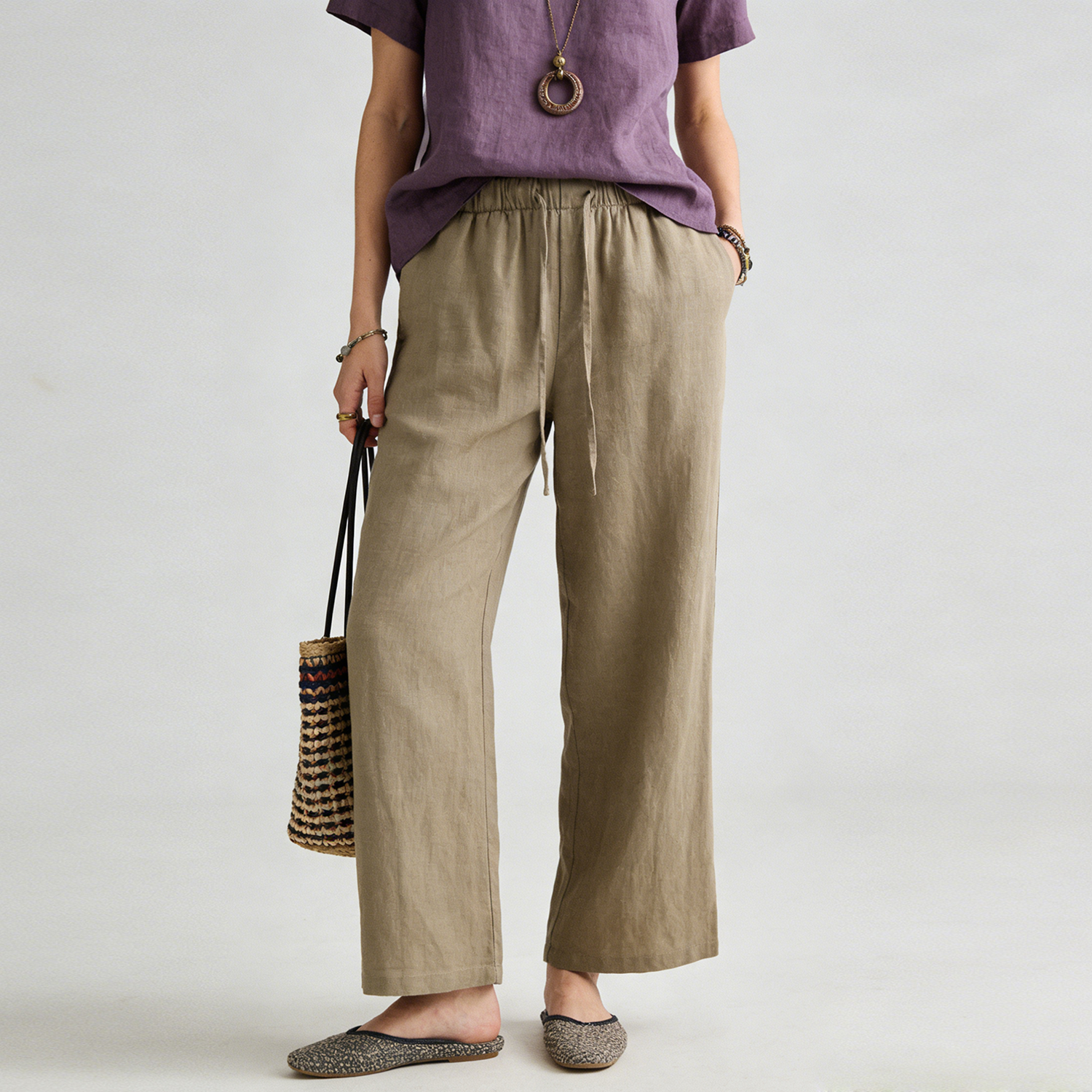 Linen Pants Women 100% Linen Drawstring Wide Leg Trousers Easy Care REAL SILK LIFE