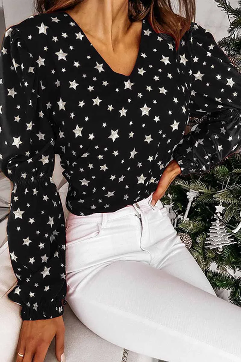 Abebey Loose Solid Color Long Sleeve Open Back Small Broken Star Print Tops