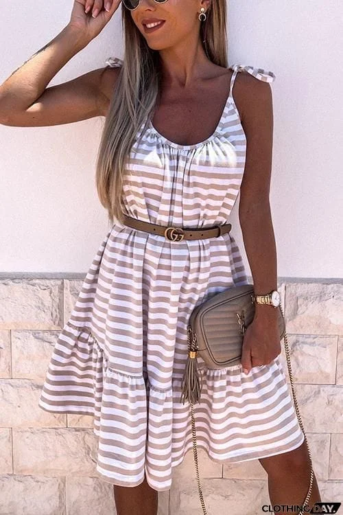 Stripe Ruffles Hem Backless Slip Dress