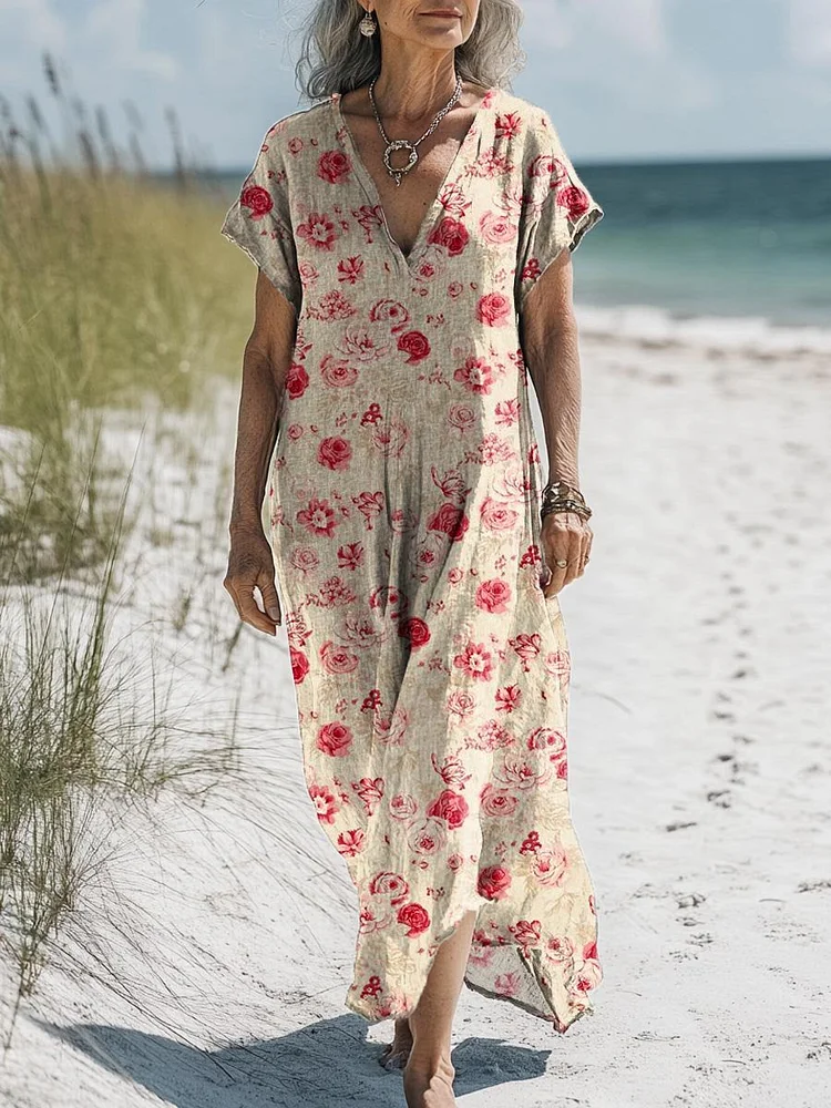 Women's Vintage Lovely Floral Art Print Pocket Cotton Dress