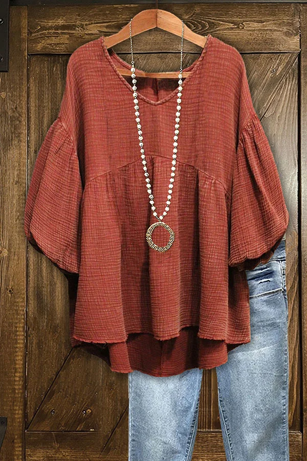 Cotton Blend Crinkled V-neck Casual Top