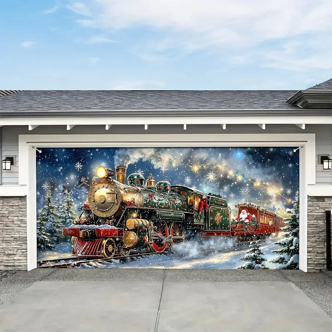 Garage Door Banner Decoration - Santa’s Sleigh on Rails The Enchanted Christmas Train Adventure