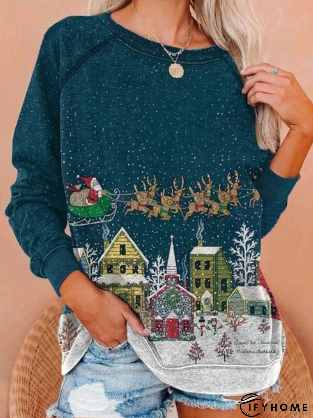 Christmas Xmas Long Sleeve Round Neck Plus Size Printed Top Sweatshirt | IFYHOME