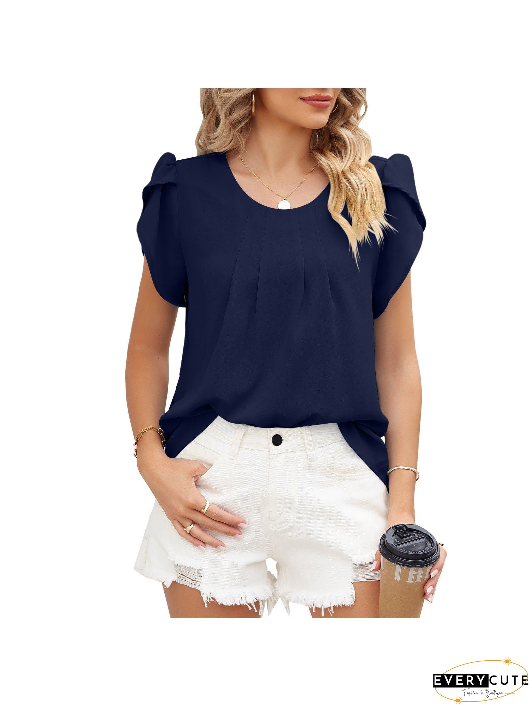 Loose-Fitting Short Sleeve Mock Neck Top