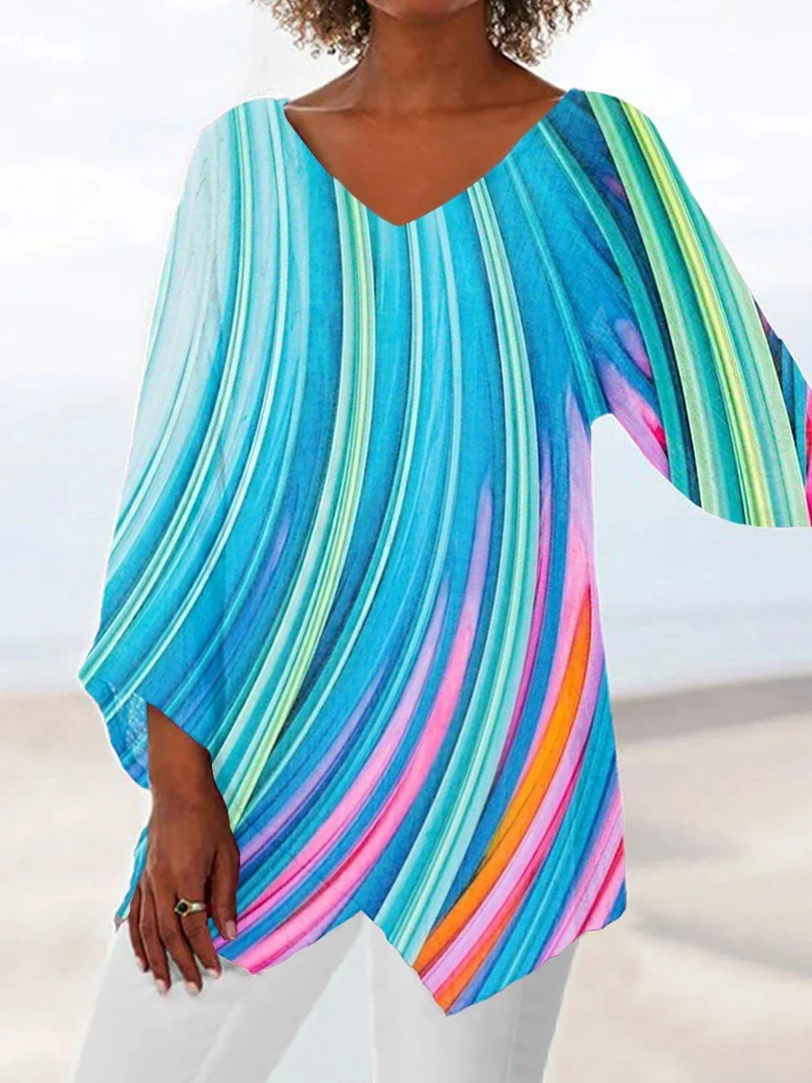 Women Asymmetrical 3/4 Sleeve V-neck Striped Colorblock Top Dress