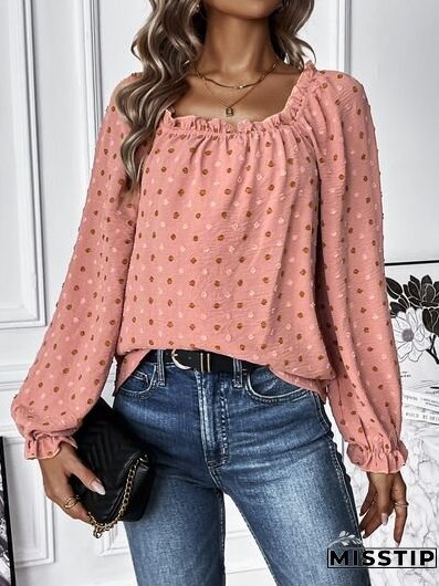 Swiss Dot Square Neck Flounce Sleeve Blouse