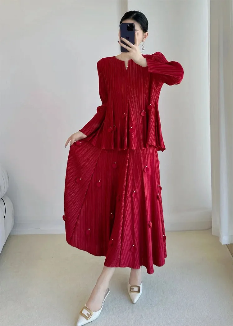 Boutique Red Round Neck Long Sleeve Pleated Top And Pleated A-line Skirt Set
