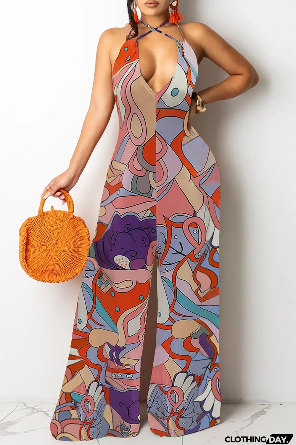 Pink Sexy Print Patchwork Halter Straight Jumpsuits