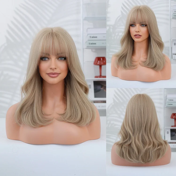 Long Curly Hair Air Bangs Milk Tea Blonde Wig Suitable For Party Use