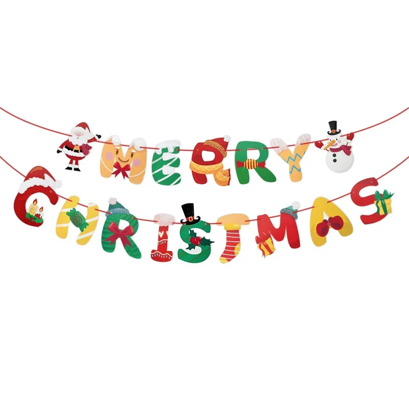 Merry Christmas Paper Banner Garland Xmas Decorations for Home Santa Ornament Hanging Flag 2022 Navidad New Year Party Supplies