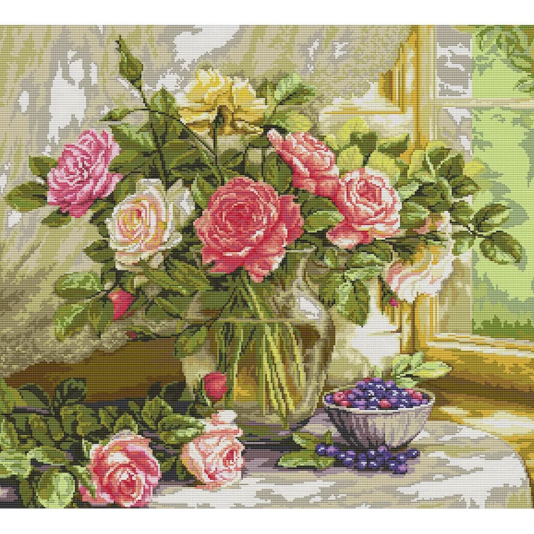 Blueberry And Vase Of Flowers - Printed Cross Stitch 14CT 61*57CM