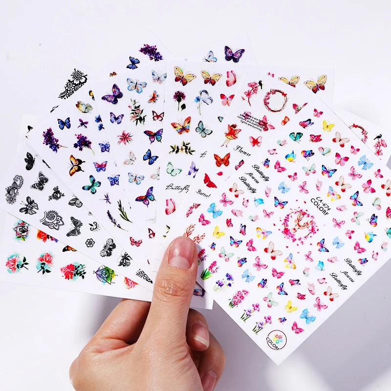 1PC 3D Butterfly Nail Sticker Spring Flower Leaves Alphabet Valentines's Day Transfer Foil Slider Nail Art Decoration Manicures