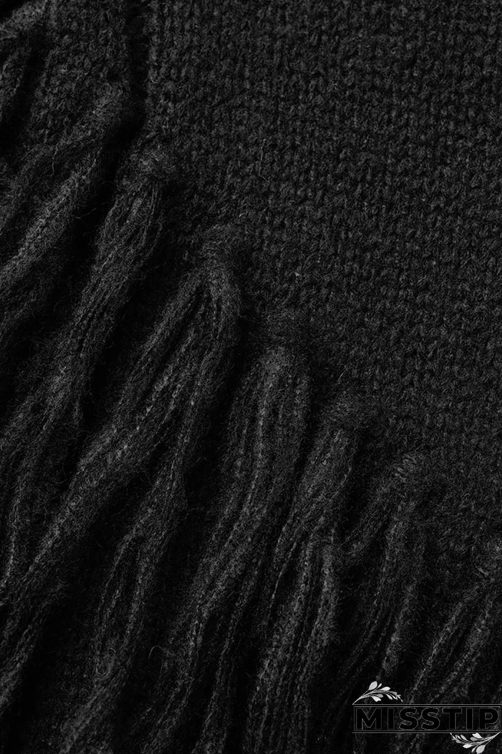 Black Casual Solid Tassel O Neck Tops