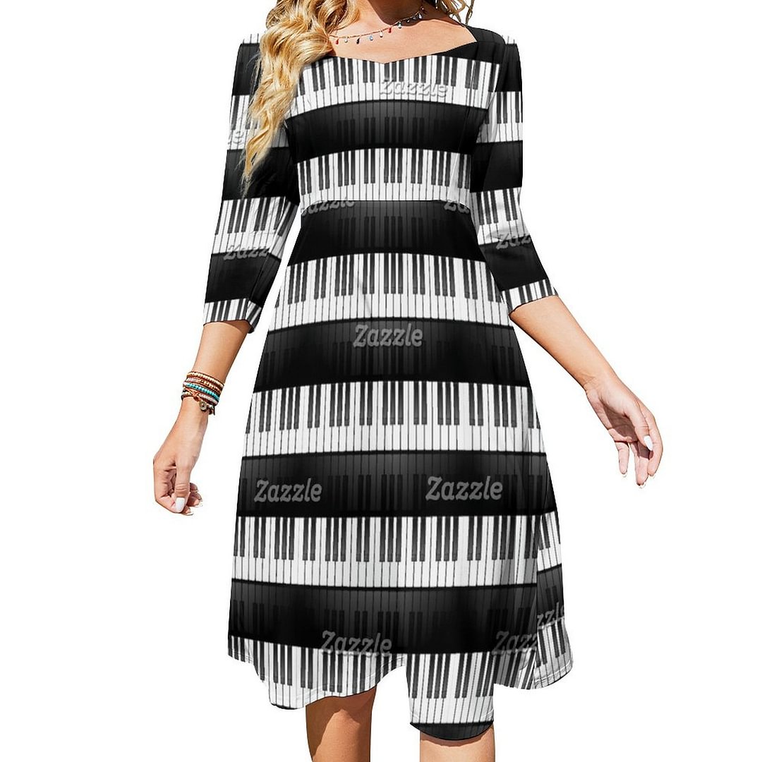 Piano Keyboard Design All Over Print Dress Sweetheart Tie Back Flared 3/4 Sleeve Midi Dresses