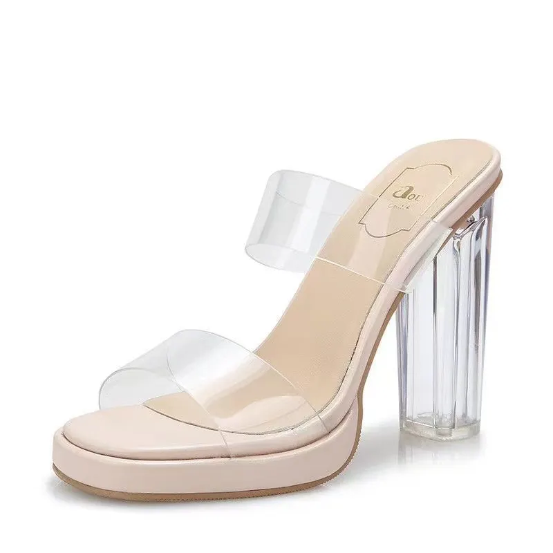 Breakj Breakj Women 2025 Summer New Waterproof Table With No Tired Feet Thick Heel Crystal Slippers Women's Sandals Women's Shoes