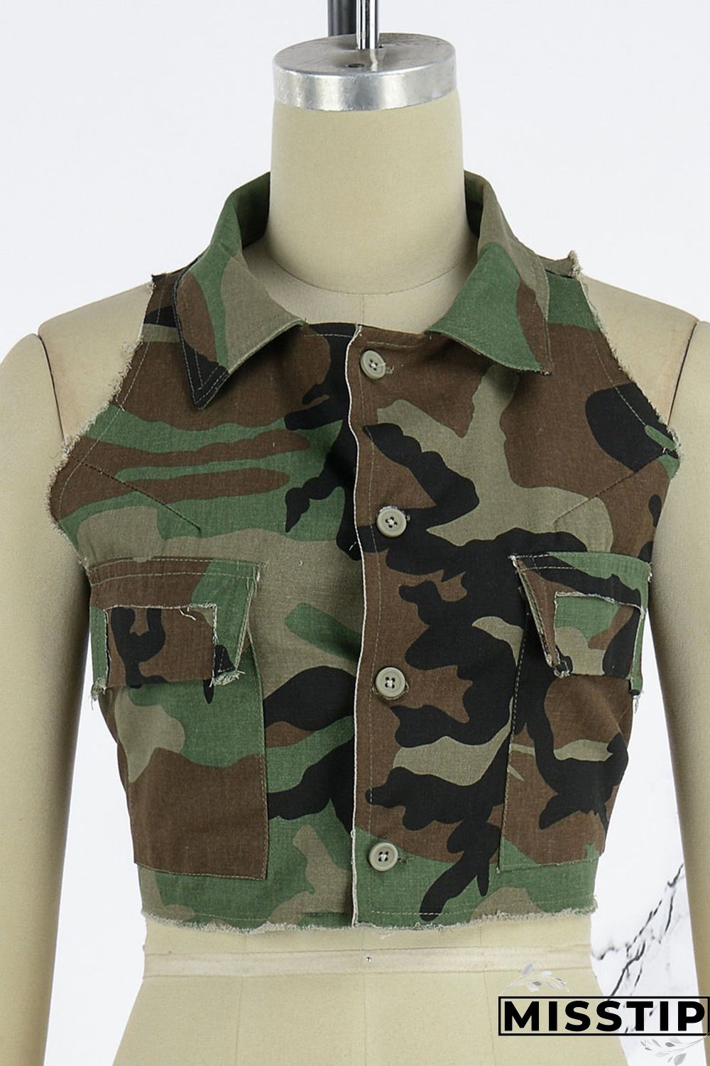 Camouflage Street Print Camouflage Print Patchwork Pocket Buckle Turndown Collar Tops