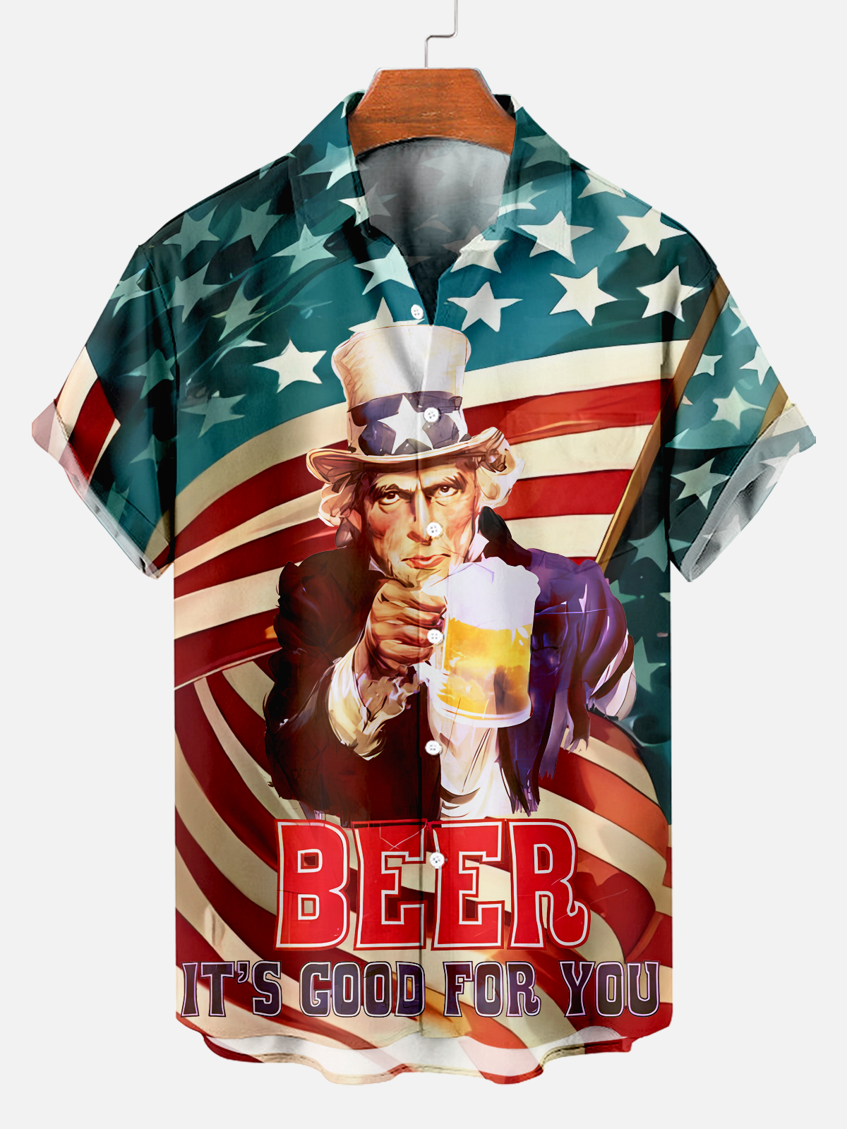 Men's Comfortable American Flag Beer Print Shirt PLUSCLOTHESMAN