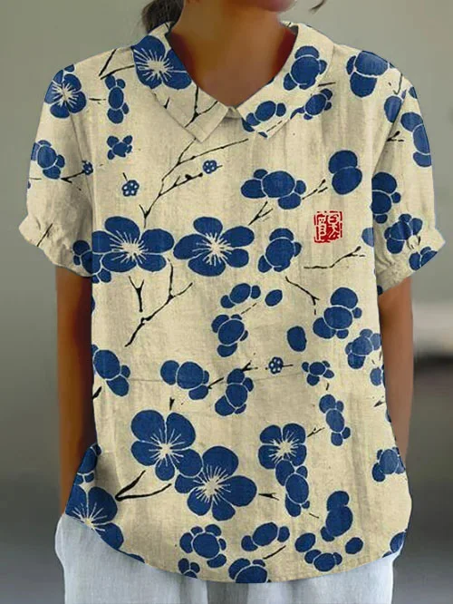 Classic Japanese Plum Blossom Retro Short-sleeved Top