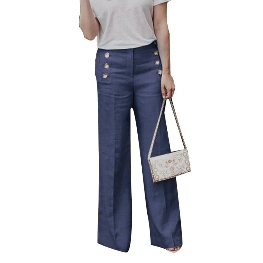 Solid Color Buttons High Waist Wide Leg Pants Women Cotton Linen Long Trousers