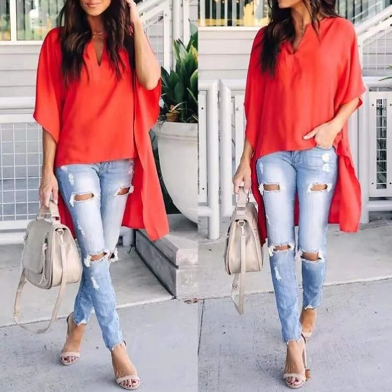 Hot 2021 Women Blouses Summer Elegant Irregular V-Neck Chiffon Soft Tunic Casual Solid Breathable Half Batwing Sleeve Top Shirts