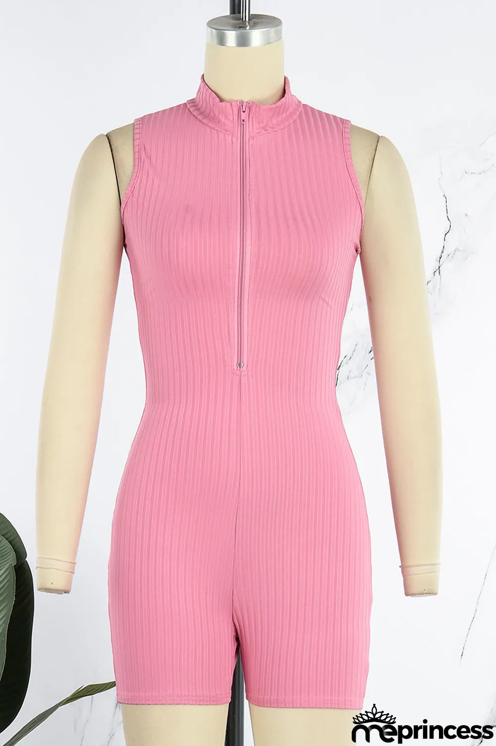 Pink Casual Solid Patchwork Zipper Collar Skinny Jumpsuits