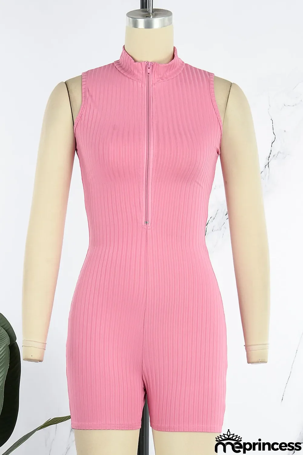 Pink Casual Solid Patchwork Zipper Collar Skinny Jumpsuits