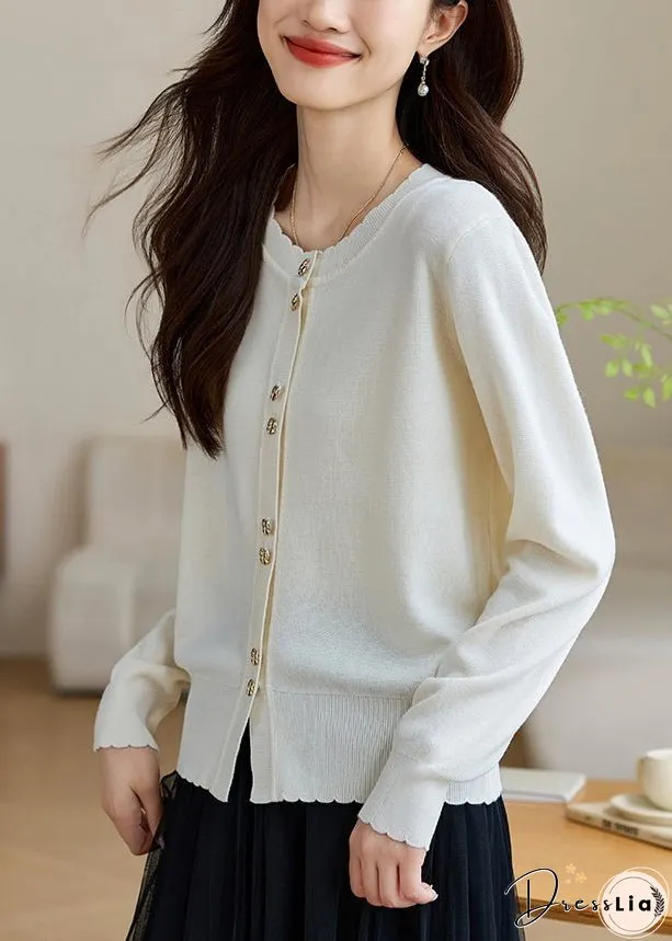 White Button Solid Wool Knit Fall Coats O Neck