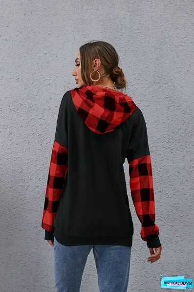 Plaid Drawstring Dropped Shoulder Hoodie