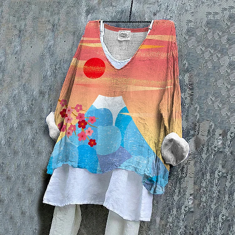 Japanese Mount Fuji Print Casual V-neck T-shirt