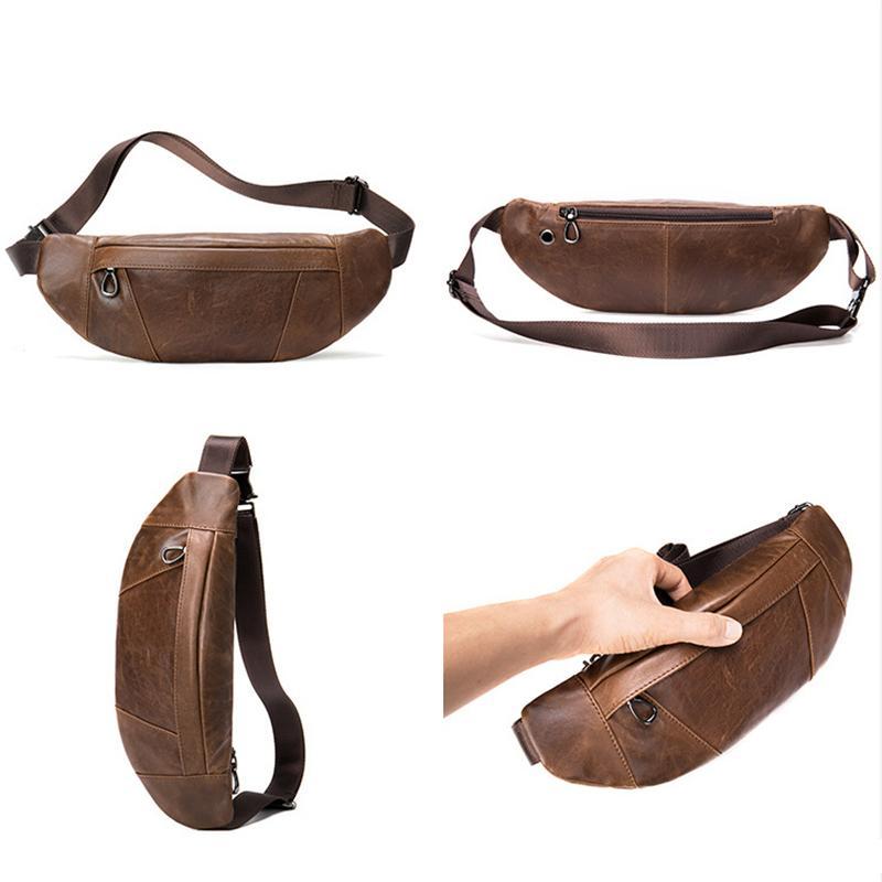 Soft Genuine Leather Adjustable Strap Earphone Jack Multi-Pocket Chest Bag