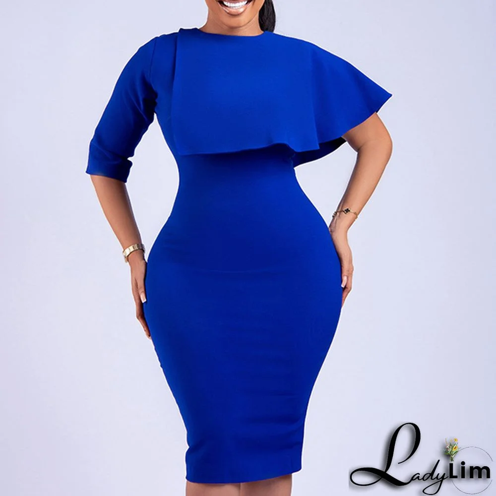 Plus Size Ladies' High Waist Ruffled Chic Bodycon Pencil Dress