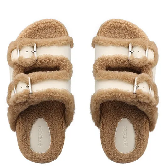 Women's Casual Colorblock Open Toe Flat Sole Plush Slippers