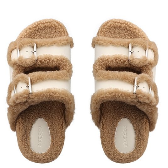 Women's Casual Colorblock Open Toe Flat Sole Plush Slippers