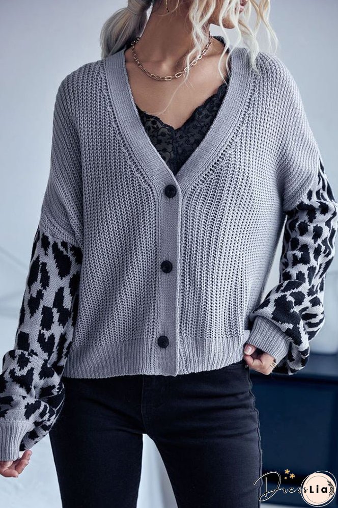 Leopard Sleeve Splicing Open Front V Neck Button Cardigan