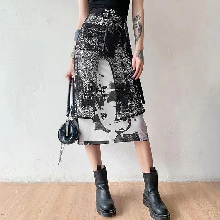 GOTH LACED PATTERNED BLACK MIDI SKIRT